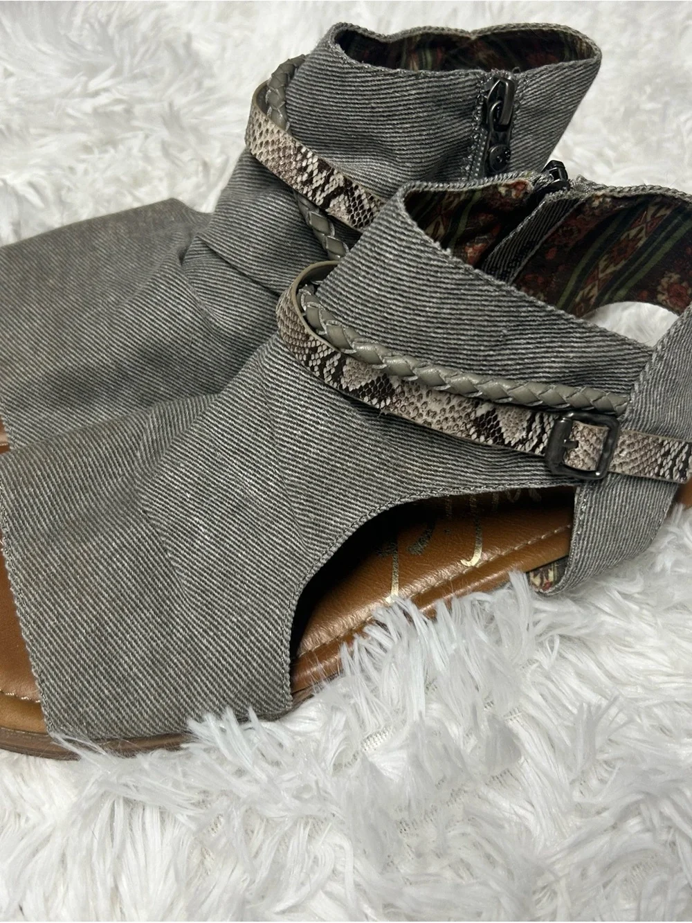 Women's Blowfish Malibu Gray Denim Peep-Toe Sandals snake skin strap